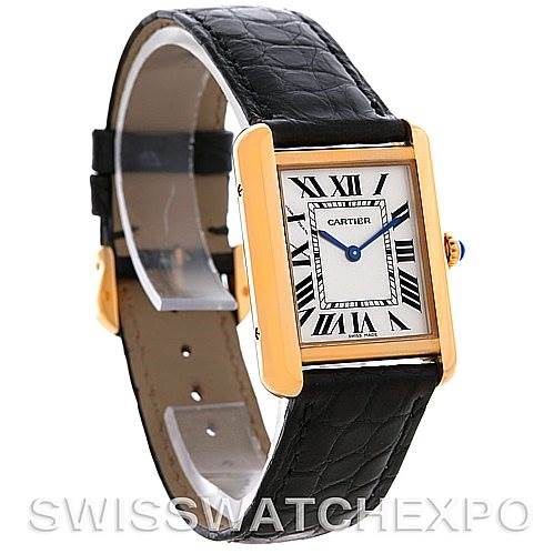 The image shows a Cartier Tank Solo W1018755 Women's Steel and Gold (two tone) Silver Dial W1018755 Women's Steel and Gold (two tone) Silver Dial watch from a front-left angle, displaying its dial, leather strap, and gold case.