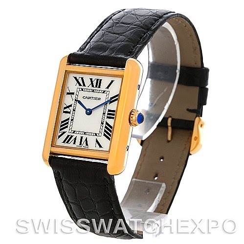 The Cartier Tank Solo W1018755 Women's Steel and Gold (two tone) Silver Dial W1018755 Women's Steel and Gold (two tone) Silver Dial watch is shown from an angled frontal view, displaying the face, case, crown, and leather strap.