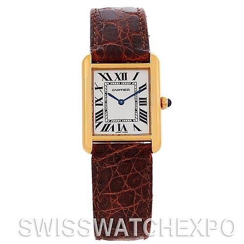 The image shows a front view of the Cartier Tank Solo W1018755 Women's Steel and Gold (two tone) Silver Dial W1018755 Women's Steel and Gold (two tone) Silver Dial watch, displaying its dial, case, and leather strap.