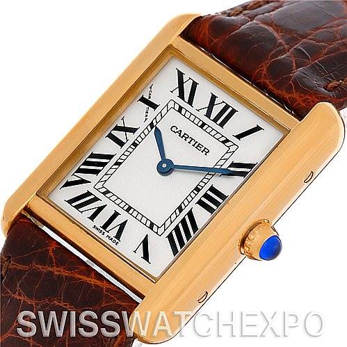 The image shows a Cartier Tank Solo W1018755 Women's Steel and Gold (two tone) Silver Dial W1018755 Women's Steel and Gold (two tone) Silver Dial watch at a slight angle, highlighting the rectangular face, Roman numerals, gold case, and brown leather strap.