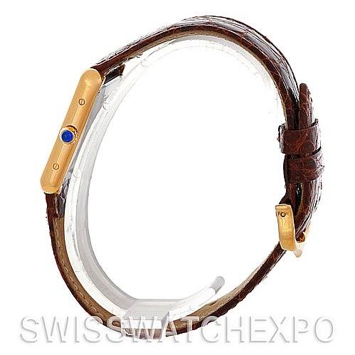 This image shows a side view of a Cartier Tank Solo W1018755 Women's Steel and Gold (two tone) Silver Dial W1018755 Women's Steel and Gold (two tone) Silver Dial watch, highlighting its strap, case, and crown.