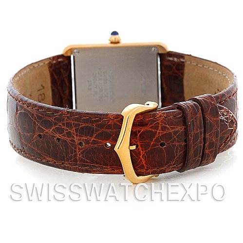 This image shows the back view and leather strap of the Cartier Tank Solo W1018755 Women's Steel and Gold (two tone) Silver Dial W1018755 Women's Steel and Gold (two tone) Silver Dial watch, focusing on the clasp and buckle.