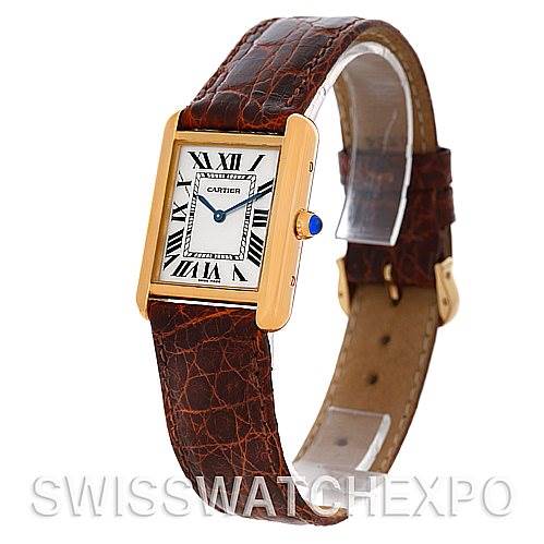 The image shows the Cartier Tank Solo W1018755 Women's Steel and Gold (two tone) Silver Dial W1018755 Women's Steel and Gold (two tone) Silver Dial watch from a front angle, highlighting its rectangular face, Roman numerals, and brown leather strap.