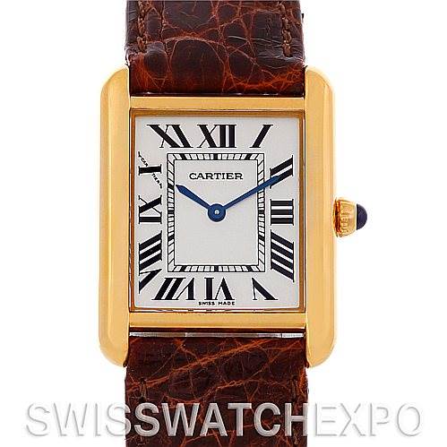 This image shows a front view of a Cartier Tank Solo W1018755 Women's Steel and Gold (two tone) Silver Dial W1018755 Women's Steel and Gold (two tone) Silver Dial watch, highlighting its rectangular gold case, roman numeral dial, and brown leather strap.