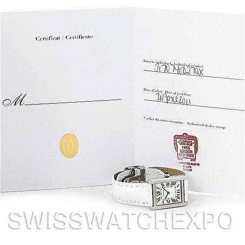 The image shows a Cartier Tank Solo W1018255 Women's Stainless Steel Silver Dial W1018255 Women's Stainless Steel Silver Dial watch with a white strap, displayed alongside its certificate.