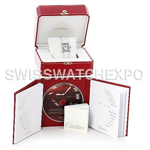 The image shows a Cartier Tank Solo W1018255 Women's Stainless Steel Silver Dial W1018255 Women's Stainless Steel Silver Dial watch in its open red box, accompanied by manuals and a CD, all displaying the Cartier brand.