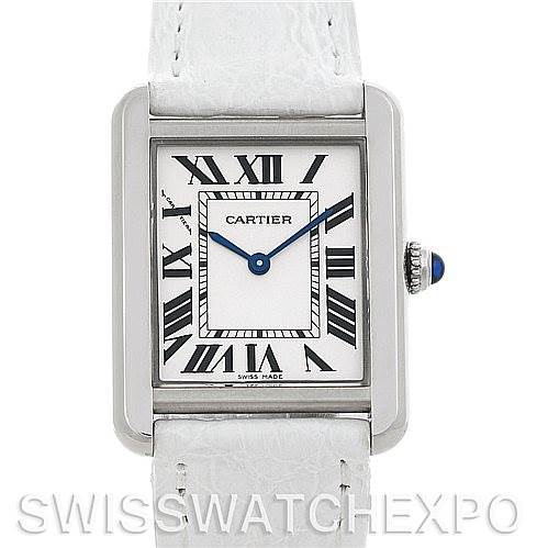 This image shows a front view of the Cartier Tank Solo W1018255 Women's Stainless Steel Silver Dial W1018255 Women's Stainless Steel Silver Dial watch, displaying its rectangular case, Roman numerals, and blue sword-shaped hands.