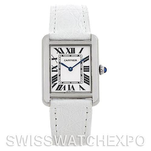 The image shows a front view of the Cartier Tank Solo W1018255 Women's Stainless Steel Silver Dial W1018255 Women's Stainless Steel Silver Dial watch with its white leather strap, rectangular dial, and Roman numerals.