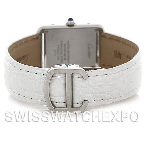 The image shows the back view of a Cartier Tank Solo W1018255 Women's Stainless Steel Silver Dial W1018255 Women's Stainless Steel Silver Dial watch, highlighting its white leather strap and clasp.