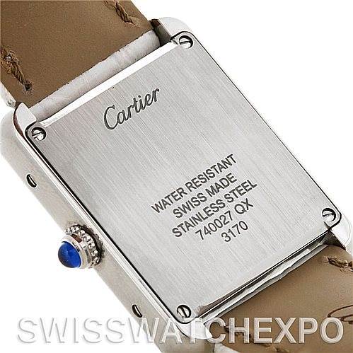 This image shows the back case of a Cartier Tank Solo W1018255 Women's Stainless Steel Silver Dial W1018255 Women's Stainless Steel Silver Dial watch, highlighting its water resistance and stainless steel features.