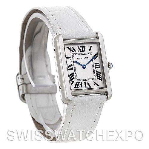 The image shows a side angle of the Cartier Tank Solo W1018255 Women's Stainless Steel Silver Dial W1018255 Women's Stainless Steel Silver Dial watch, highlighting the face, case, and white strap.