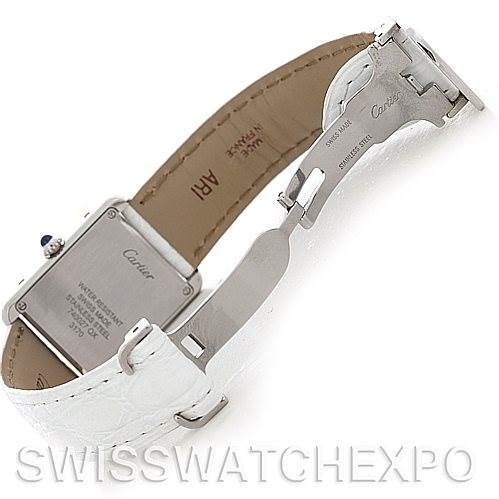 This image shows the inner back casing and clasp of a Cartier Tank Solo W1018255 Women's Stainless Steel Silver Dial W1018255 Women's Stainless Steel Silver Dial watch with a white leather strap.
