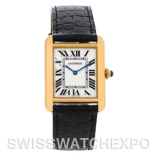 This image shows a front view of a Cartier Tank Solo W1018755 Women's Steel and Gold (two tone) Silver Dial W1018755 Women's Steel and Gold (two tone) Silver Dial watch with a black leather strap and gold rectangular case.