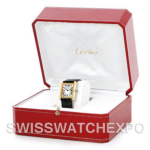 The Cartier Tank Solo W1018755 Women's Steel and Gold (two tone) Silver Dial W1018755 Women's Steel and Gold (two tone) Silver Dial watch is shown at a slight angle inside an open red Cartier box.