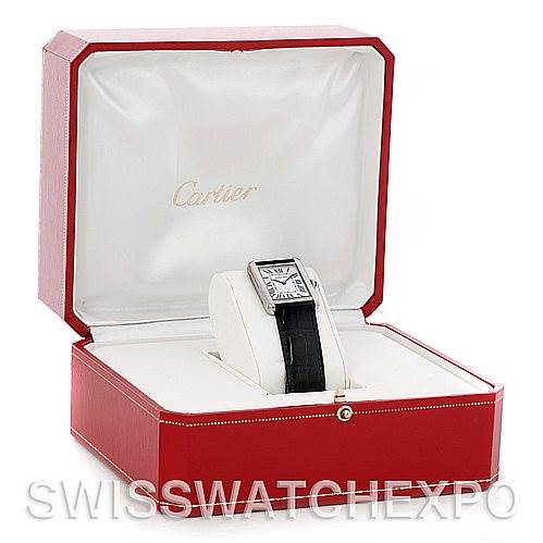 The Cartier Tank Solo W1018255 Women's Stainless Steel Silver Dial W1018255 Women's Stainless Steel Silver Dial watch is displayed at an angle inside its red box with both the watch face and strap visible.