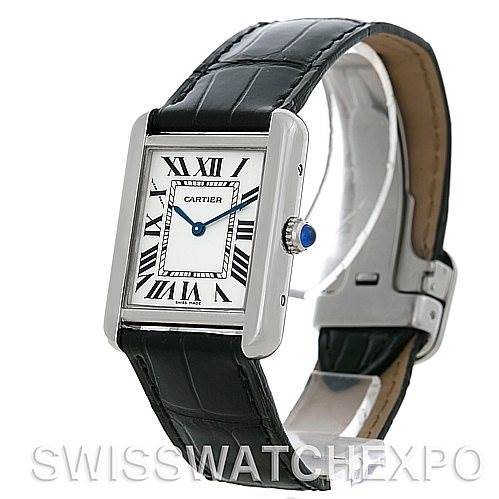 The image shows a Cartier Tank Solo W1018255 Women's Stainless Steel Silver Dial W1018255 Women's Stainless Steel Silver Dial watch at a slight angle, displaying its face, black leather strap, and buckle.
