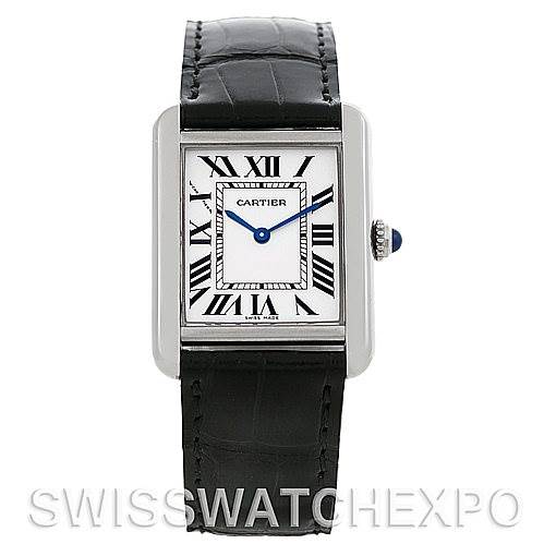 The image shows a front view of a Cartier Tank Solo W1018255 Women's Stainless Steel Silver Dial W1018255 Women's Stainless Steel Silver Dial watch with a black leather strap and Roman numeral dial.