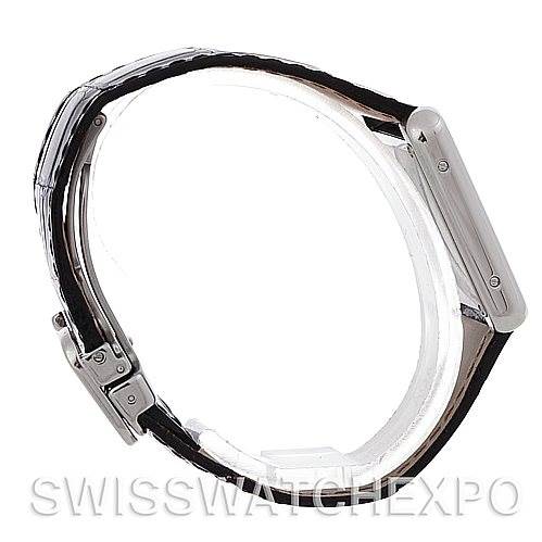 The image shows a Cartier Tank Solo W1018255 Women's Stainless Steel Silver Dial W1018255 Women's Stainless Steel Silver Dial watch from a side angle, highlighting its slim profile, case, and leather strap.