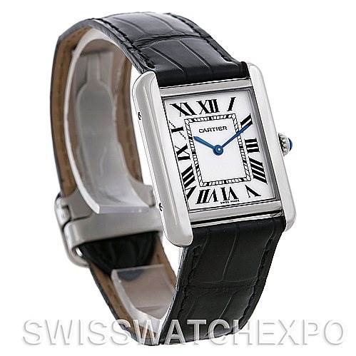 The image shows a Cartier Tank Solo W1018255 Women's Stainless Steel Silver Dial W1018255 Women's Stainless Steel Silver Dial watch at a slight side angle, highlighting its face, Roman numerals, and black leather strap.