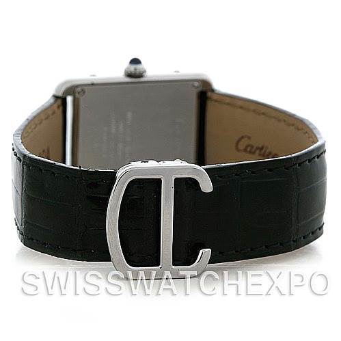 The image shows the back view of a Cartier Tank Solo W1018255 Women's Stainless Steel Silver Dial W1018255 Women's Stainless Steel Silver Dial watch focusing on its leather strap and buckle.