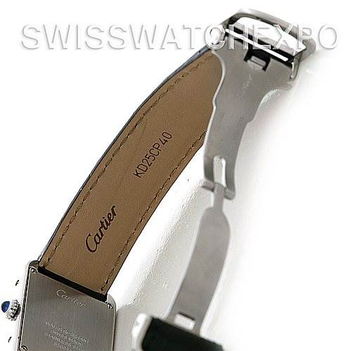 The image shows the side view of the Cartier Tank Solo W1018255 Women's Stainless Steel Silver Dial W1018255 Women's Stainless Steel Silver Dial watch, focusing on the leather strap and metal clasp.