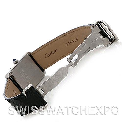 The image shows a side angle of a Cartier Tank Solo W1018255 Women's Stainless Steel Silver Dial W1018255 Women's Stainless Steel Silver Dial watch with its leather band and clasp mechanism visible.