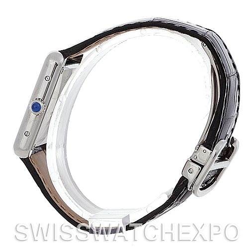 The image shows a Tank Solo model by Cartier from a side angle, highlighting the watch's profile and leather strap.