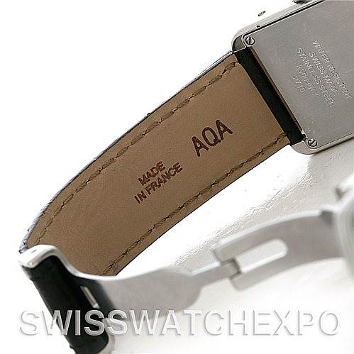 The image shows the back view of the leather strap and clasp of a Cartier Tank Solo W1018255 Women's Stainless Steel Silver Dial W1018255 Women's Stainless Steel Silver Dial watch.