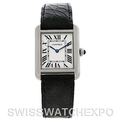 The image shows a front view of the Cartier Tank Solo W1018255 Women's Stainless Steel Silver Dial W1018255 Women's Stainless Steel Silver Dial watch, displaying its face, Roman numerals, blue hands, and black leather strap.