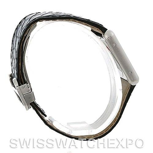 This image shows a side view of the Cartier Tank Solo W1018255 Women's Stainless Steel Silver Dial W1018255 Women's Stainless Steel Silver Dial watch, highlighting its strap, buckle, and slim profile.