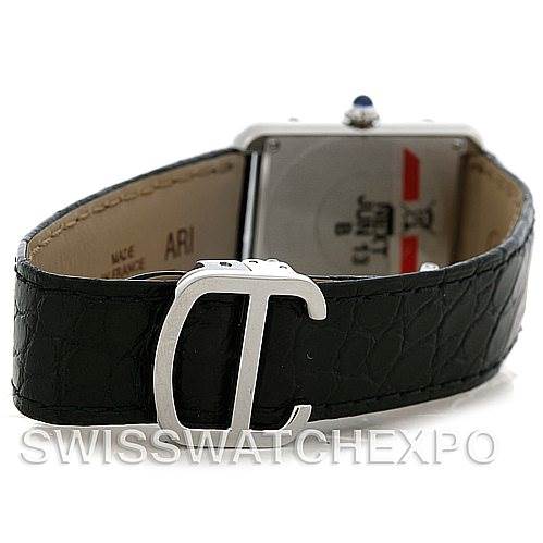 The image shows the rear view of a Cartier Tank Solo W1018255 Women's Stainless Steel Silver Dial W1018255 Women's Stainless Steel Silver Dial watch, highlighting its black leather strap and CT-shaped buckle.