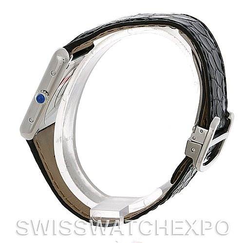 The image shows a side view of the Cartier Tank Solo W1018255 Women's Stainless Steel Silver Dial W1018255 Women's Stainless Steel Silver Dial watch, focusing on the crown, case, and leather strap with its buckle.