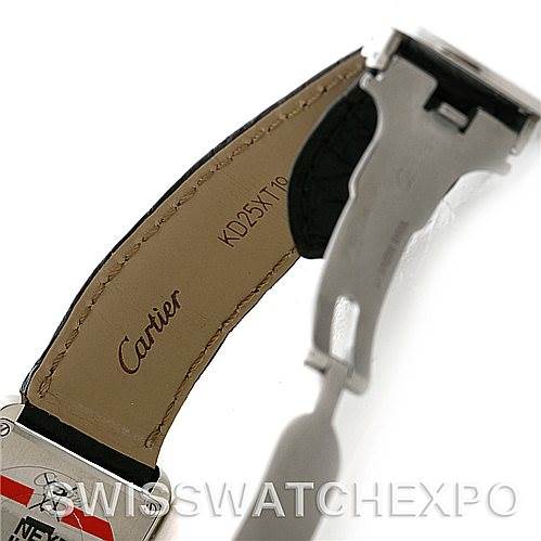 This image shows the underside of the leather strap and clasp of a Cartier Tank Solo W1018255 Women's Stainless Steel Silver Dial W1018255 Women's Stainless Steel Silver Dial watch, featuring the Cartier branding.