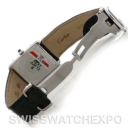 This image shows the back view of a Cartier Tank Solo W1018255 Women's Stainless Steel Silver Dial W1018255 Women's Stainless Steel Silver Dial watch, highlighting the leather strap and stainless steel clasp.