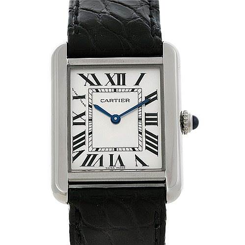 The image shows a frontal view of the Cartier Tank Solo W1018255 Women's Stainless Steel Silver Dial W1018255 Women's Stainless Steel Silver Dial watch, displaying its dial, case, crown, and black strap.