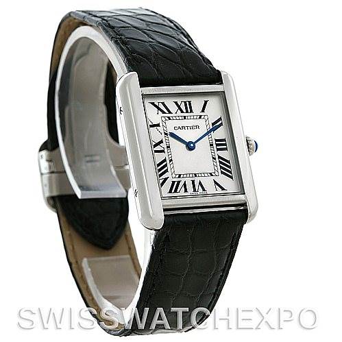 The image shows a side angle of the Cartier Tank Solo W1018255 Women's Stainless Steel Silver Dial W1018255 Women's Stainless Steel Silver Dial watch, highlighting its rectangular face, Roman numerals, and black leather strap.