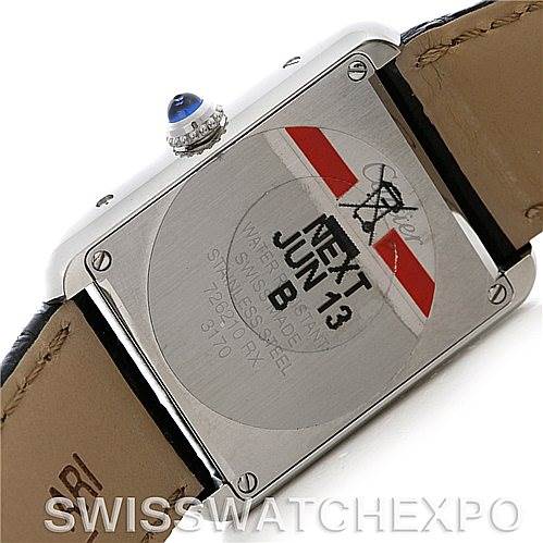 The image shows the back case of the Cartier Tank Solo W1018255 Women's Stainless Steel Silver Dial W1018255 Women's Stainless Steel Silver Dial watch, detailing the markings and the leather strap attachment.