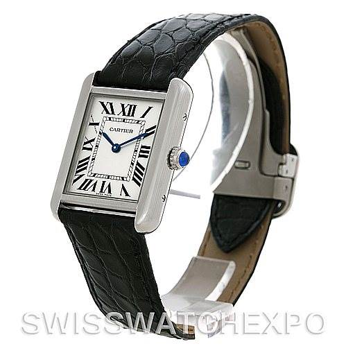 The image shows a Cartier Tank Solo W1018255 Women's Stainless Steel Silver Dial W1018255 Women's Stainless Steel Silver Dial watch, highlighting its face, case, crown, and leather strap from a side angle.
