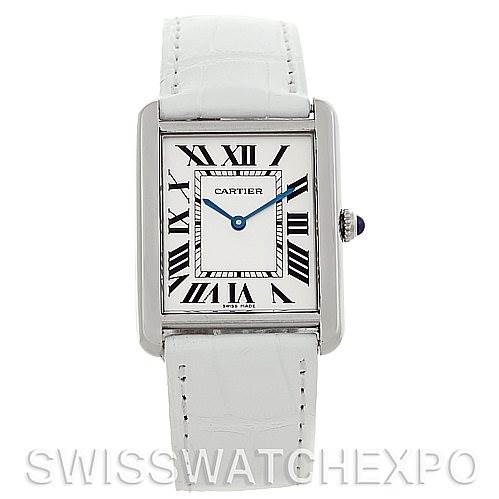The image shows a frontal view of the Cartier Tank Solo W1018355 Men
s Stainless Steel Silver Dial W1018355 Men
s Stainless Steel Silver Dial watch, displaying its rectangular face, Roman numerals, and white leather strap.