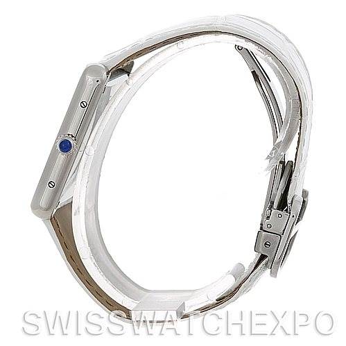 This image shows a side profile view of the Cartier Tank Solo W1018355 Men
s Stainless Steel Silver Dial W1018355 Men
s Stainless Steel Silver Dial watch, highlighting its crown and strap.