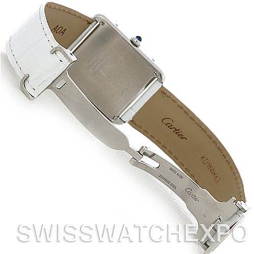 The image shows the back angle of a Cartier Tank Solo W1018355 Men
s Stainless Steel Silver Dial W1018355 Men
s Stainless Steel Silver Dial watch, highlighting its stainless steel case and white leather strap.
