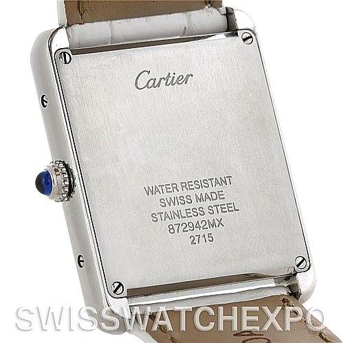 This image shows the back case of the Cartier Tank Solo W1018355 Men
s Stainless Steel Silver Dial W1018355 Men
s Stainless Steel Silver Dial watch, highlighting the inscriptions and crown detail.