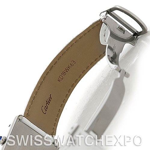 This image shows a close-up of the leather strap and the deployment buckle of a Cartier Tank Solo W1018355 Men
s Stainless Steel Silver Dial W1018355 Men
s Stainless Steel Silver Dial watch, viewed from the underside.