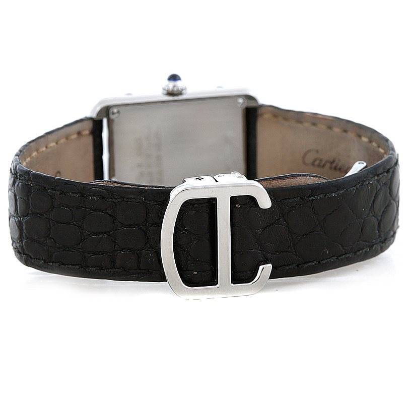 The image shows the back and clasp view of a Cartier Tank Solo W1018255 Women's Stainless Steel Silver Dial W1018255 Women's Stainless Steel Silver Dial watch with a black leather strap.