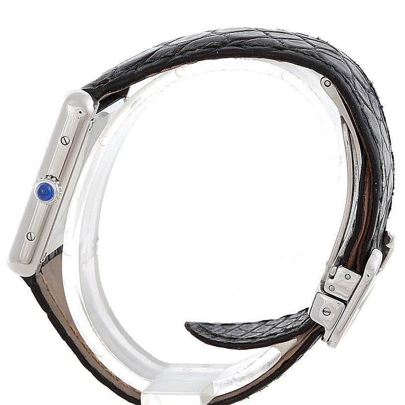 The image shows a side view of a Cartier Tank Solo W1018255 Women's Stainless Steel Silver Dial W1018255 Women's Stainless Steel Silver Dial watch, featuring its crown, screws, and leather strap.