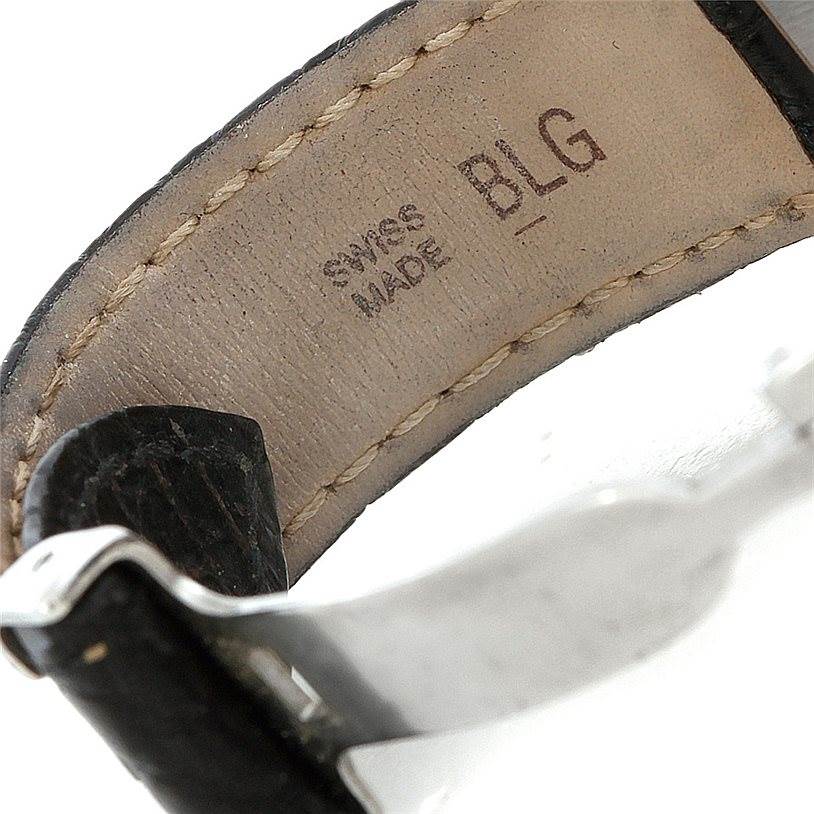 The image shows a close-up of the interior of the strap for a Cartier Tank Solo W1018255 Women's Stainless Steel Silver Dial W1018255 Women's Stainless Steel Silver Dial watch, featuring stitching and "Swiss Made" text.