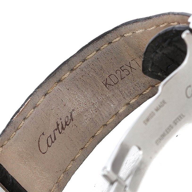 The image shows a close-up of the inner leather strap with stitching and the buckle of a Cartier Tank Solo W1018255 Women's Stainless Steel Silver Dial W1018255 Women's Stainless Steel Silver Dial watch.