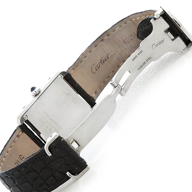 This image shows the back and clasp of a Cartier Tank Solo W1018255 Women's Stainless Steel Silver Dial W1018255 Women's Stainless Steel Silver Dial watch, featuring its leather strap and stainless steel components.