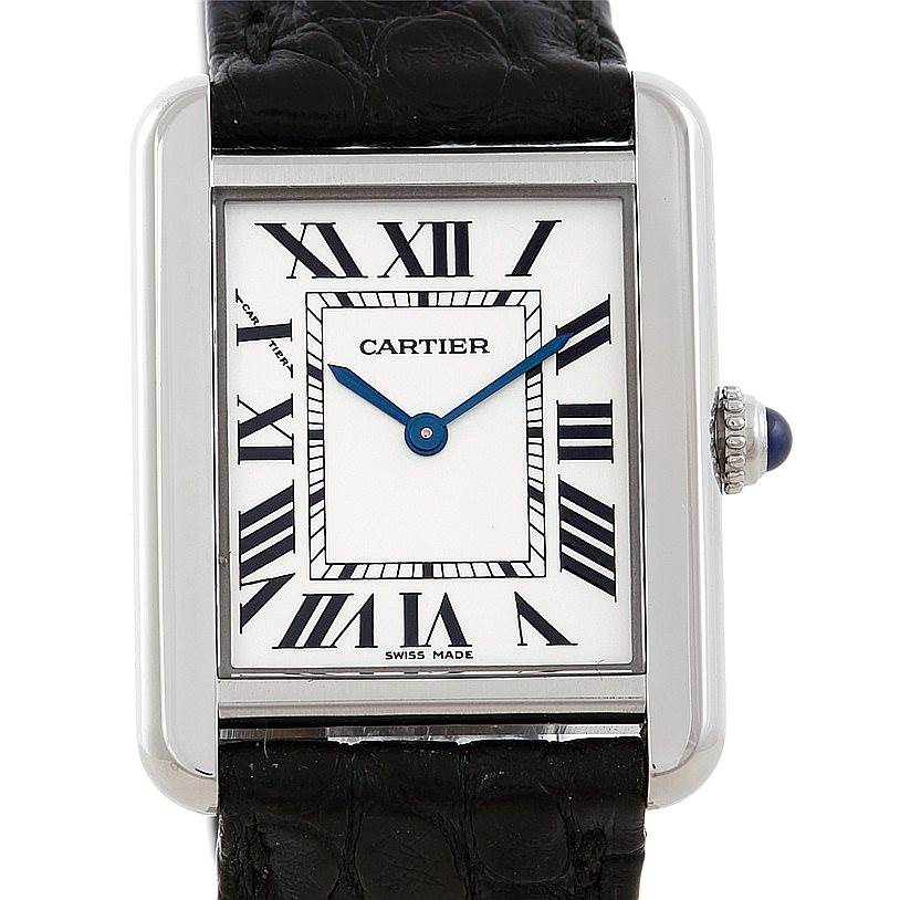 The image shows a front view of the Cartier Tank Solo W1018255 Women's Stainless Steel Silver Dial W1018255 Women's Stainless Steel Silver Dial watch, highlighting the rectangular face, Roman numerals, and black leather strap.