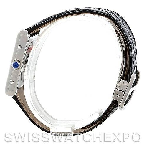 This image shows a side view of the Cartier Tank Solo W1018255 Women's Silver Dial W1018255 Women's Silver Dial watch, highlighting the crown, case, and leather strap.